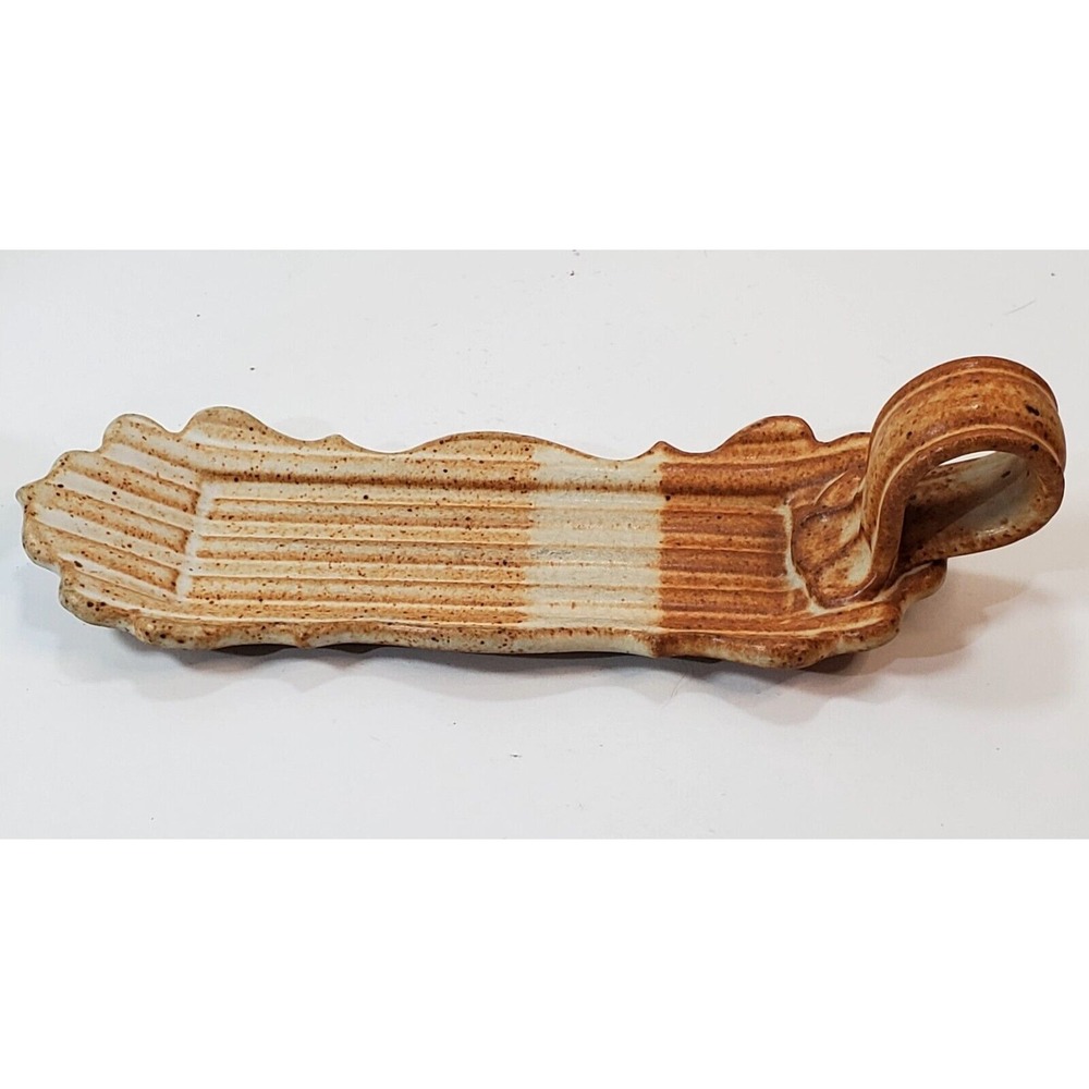 Vtg Marcia Muth Rustic Art Pottery Tri Color Butter Stick Dish W/ Handle Scallop
